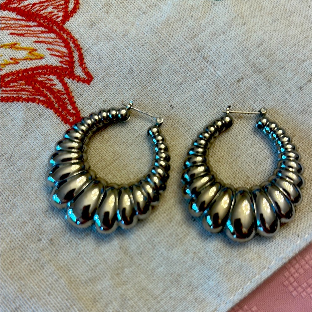 Puffy Large Oval silver pierced hoops unbranded